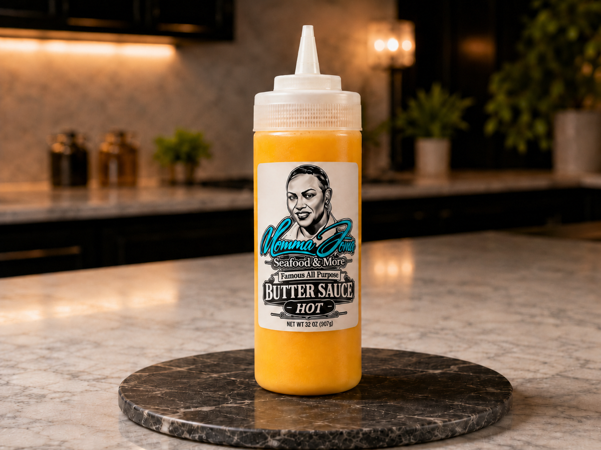 A squeeze bottle of Momma Jones Butter Sauce Hot, filled with bright yellow-orange sauce, standing on a round black marble coaster in a blurred kitchen setting.