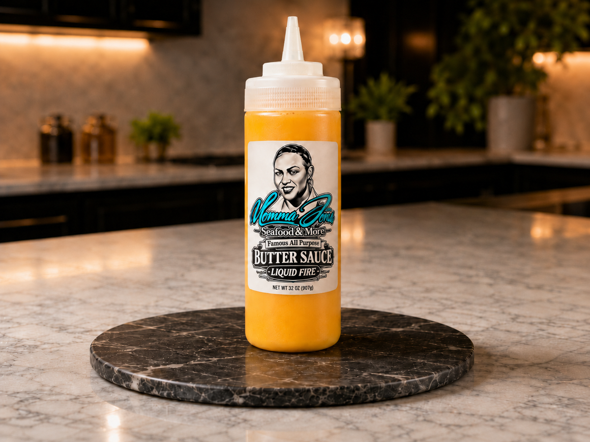 A squeeze bottle of Momma Jones Butter Sauce stands on a round black marble trivet on a light marble kitchen countertop, with a blurred kitchen background.