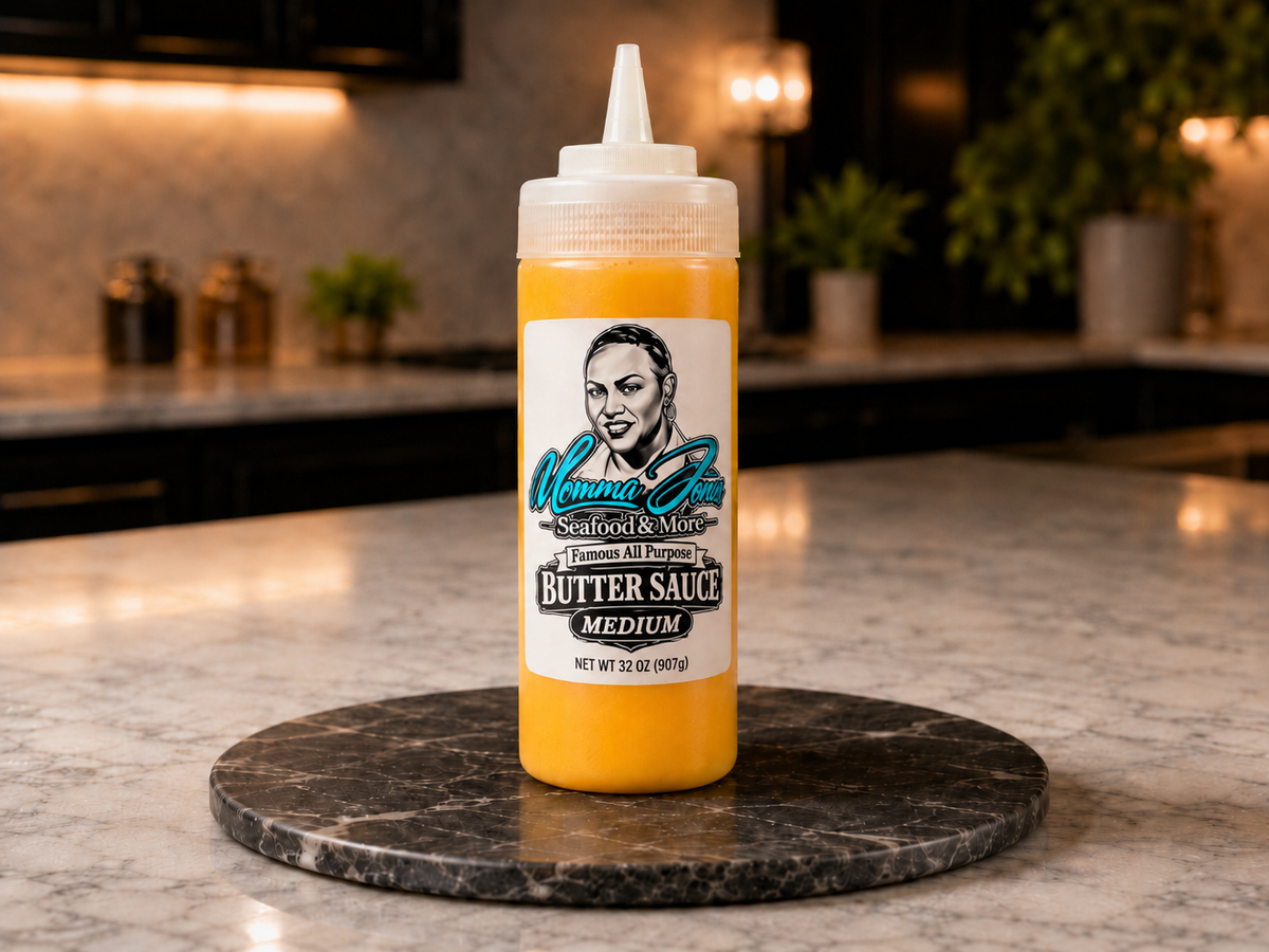 A squeeze bottle of Momma Jones Butter Sauce stands on a round black marble trivet on a polished marble kitchen countertop, with a blurred modern kitchen in the background.