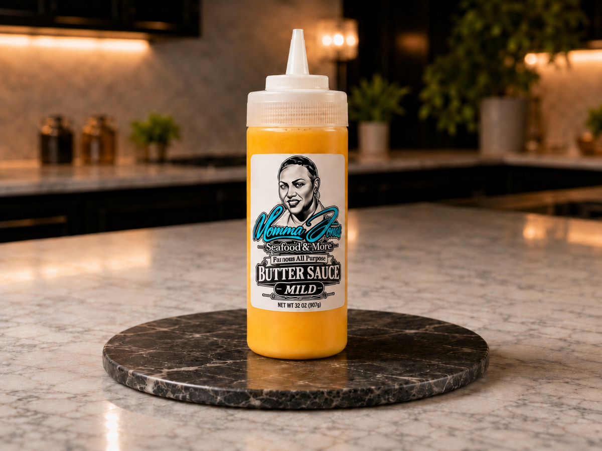 A squeeze bottle of Momma Jones Butter Sauce sits on a round black marble trivet on a granite kitchen countertop, with a blurred modern kitchen in the background.