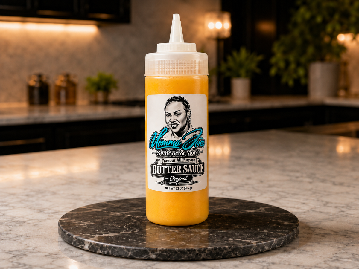 A squeeze bottle of Momma Jones Butter Sauce stands on a round black marble trivet on a kitchen countertop. The kitchen background is softly blurred with warm lighting, plants, and dark cabinets.