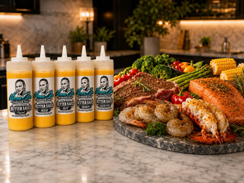 Five squeeze bottles of Momma Jones Butter Sauce with white caps and yellow sauce are lined up on a marble countertop, next to a large platter of cooked seafood and vegetables including steak, shrimp, lobster, salmon, broccoli, and corn in a kitchen setting.