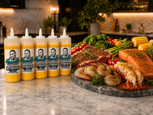 Five squeeze bottles of Momma Jones Butter Sauce with white caps and yellow sauce are lined up on a marble countertop, next to a large platter of cooked seafood and vegetables including steak, shrimp, lobster, salmon, broccoli, and corn in a kitchen setting.