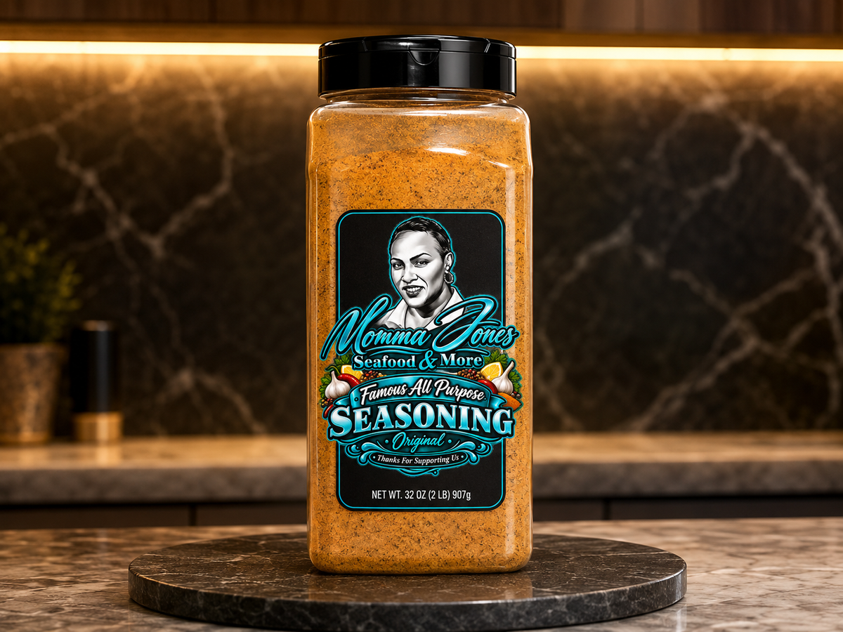 A clear plastic jar of Momma Jones Seasoning filled with orange-brown seasoning, topped with a black lid and set on a round dark stone coaster in a kitchen setting.