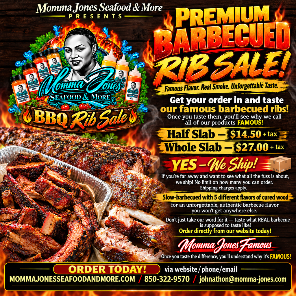 A promotional flyer for Momma Jones Seafood & More featuring a large photo of sliced barbecued rib meat, flames, and bold text advertising a 'Premium Barbecue Rib Sale' with pricing and ordering information.