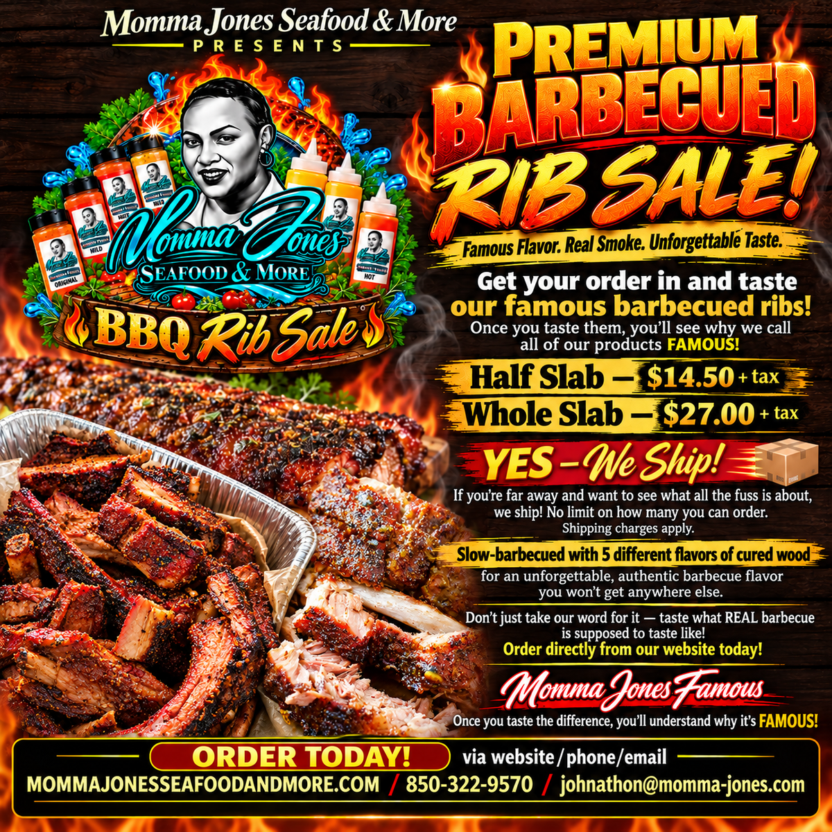A promotional flyer for Momma Jones Seafood & More featuring a large photo of sliced barbecued rib meat, flames, and bold text advertising a 'Premium Barbecue Rib Sale' with pricing and ordering information.